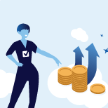 mulher apontando moedas seta azul