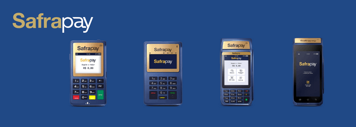 Imagem das quatro maquininhas da SafraPay: Mini, Slim, Pro e Smart com fundo azul e a logomarca da empresa SafraPay