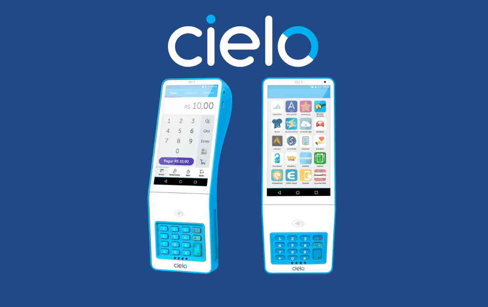 Imagens da maquininha Cielo Lio e logomarca da Cielo em fundo azul png