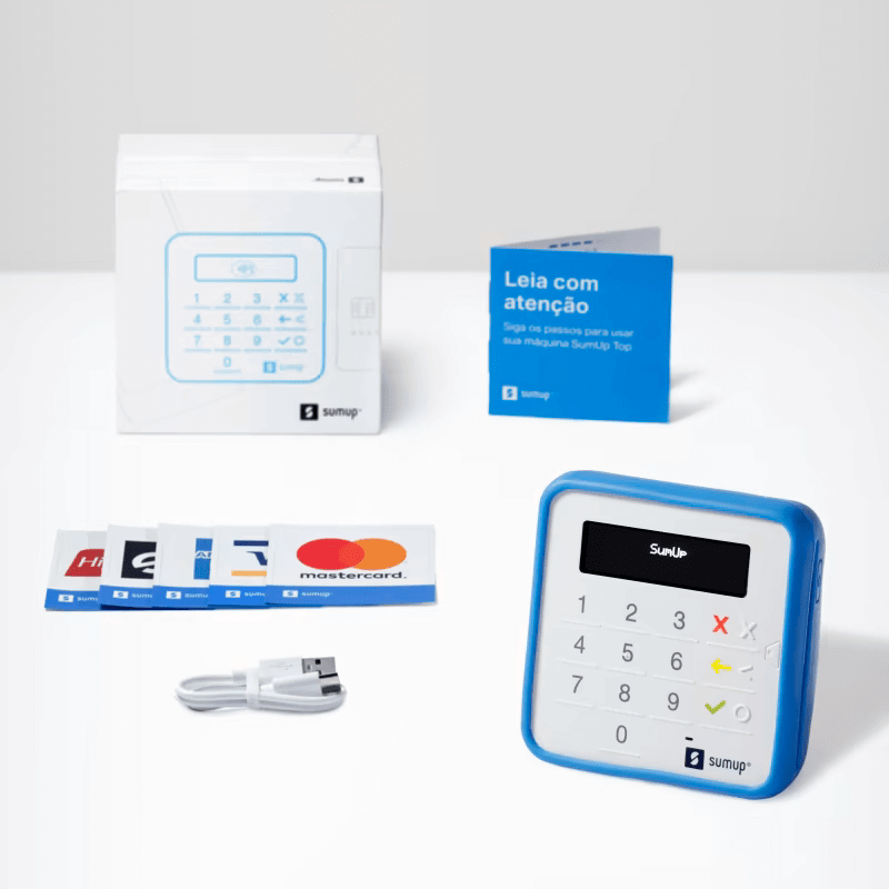Kit SumUp Top imagem da caixa e dos acessórios da maquininha SumUp Top