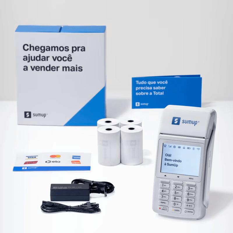 Kit SumUp Total imagem da caixa e dos acessórios da maquininha SumUp Total