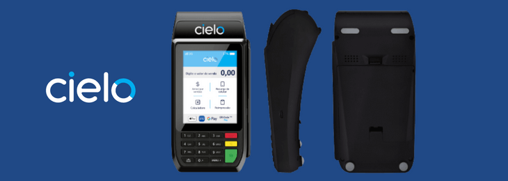 Três imagens da maquininha Cielo Flash de frente, de lado e de costas em fundo azul e logomarca da Cielo