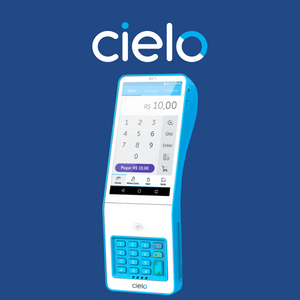 Imagem da maquininha Cielo Lio, logomarca da Cielo em fundo azul png
