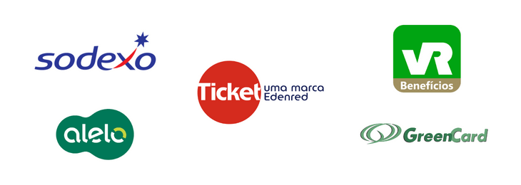 logomarca das marcas Sodexo, Alelo, Ticket, VR Benefícios e Green Card