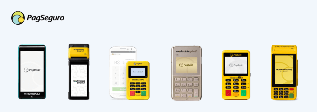 Modelos das maquininhas de cartão PagSeguro Imagem com todos os modelos da maquinha PagSeguro