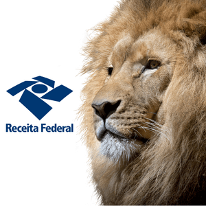 Símbolo da Receita Federal do lado esquerdo e do lado direito o rosto de um leão simbolizando o Imposto de Renda