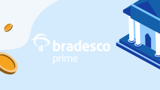 Imagem png com logo do Bradesco Prime e ilustração de banco e moeda