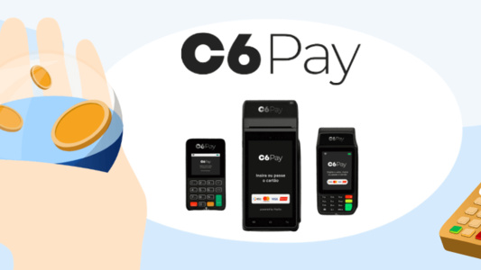 imagem png com logo e maquininha de cartão C6 Pay