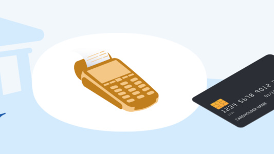 Imagem png de máquina de cartão com comprovante e um cartão bancário