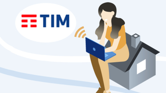 desenho de uma mulher sentada em cima de uma casa utilizando o computador com a logomarca da TIM em um fundo branco