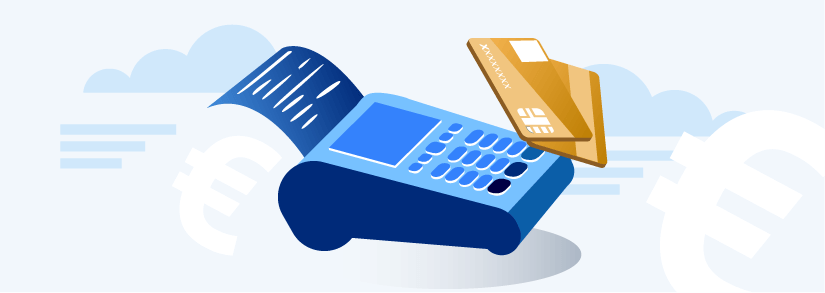 desenho de uma maquininha de cartão e um cartão em fundo azul e branco