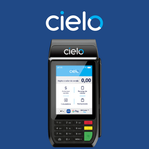 Imagem da maquininha Cielo Flash e logomarca da Cielo em fundo azul png